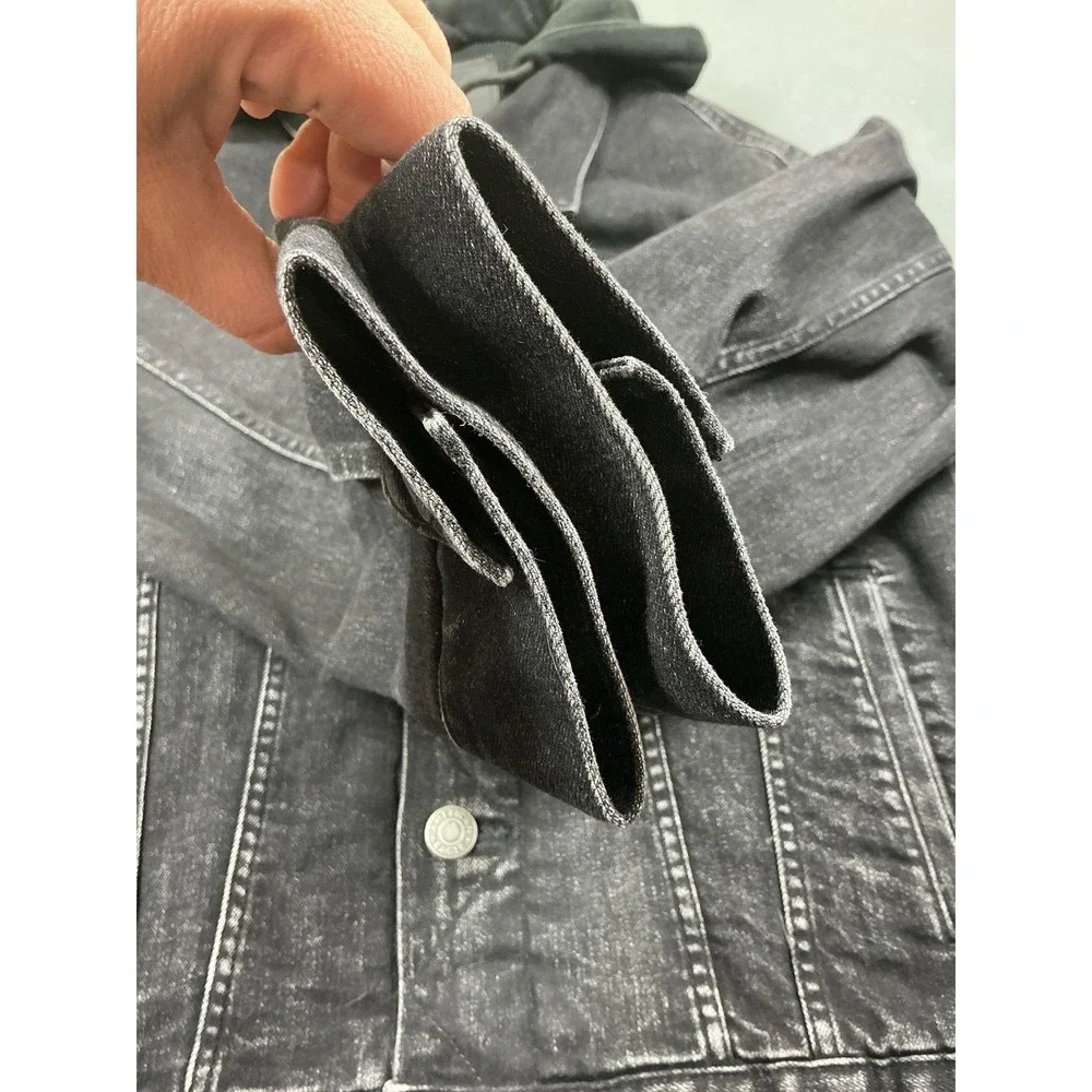 American Eagle Jacket‎ Mens Small Gray Denim Hooded Trucker Bomber Button Front